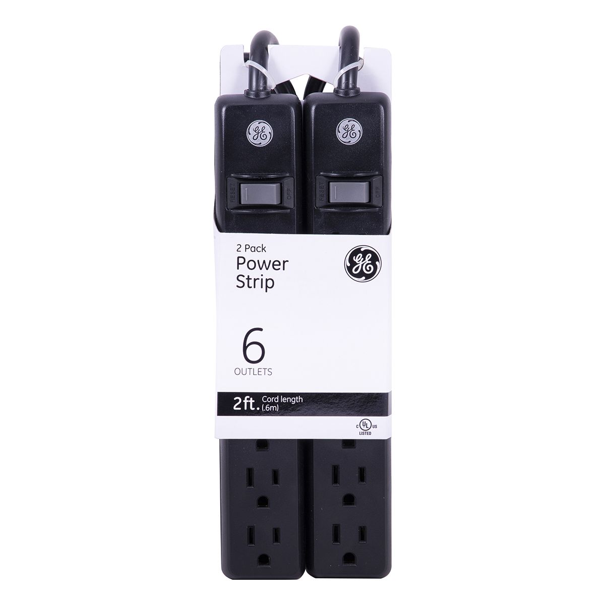 GE 6-Outlet Power Strip with 2' Cord Black / 2-Pack